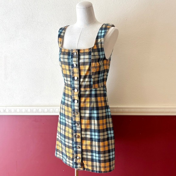 Urban Outfitters Button Down Denim Mini Dress Blue & Yellow Plaid Womens 6 Retro - Picture 2 of 8